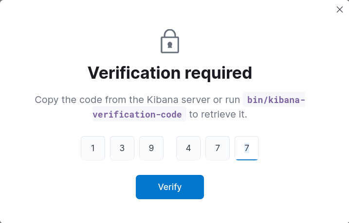 Écran de vérification Kibana Elastic 9 demandant le code serveur pour l'authentification.