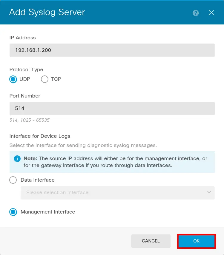 Fenêtre Cisco Firepower pour configurer un serveur Syslog avec adresse IP, protocole et interface de journalisation