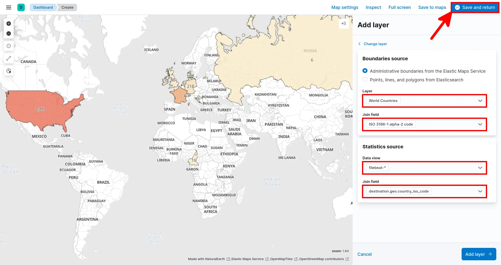 Configuration de la carte dans Kibana montrant comment définir les limites et la source des statistiques pour une couche en choroplèthe