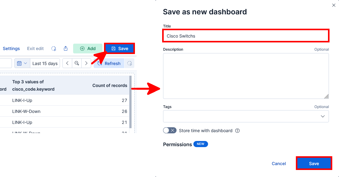 Fenêtre Kibana Save as new dashboard utilisée pour enregistrer un tableau de bord de supervision des switchs Cisco