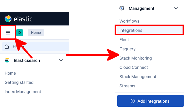 Interface Kibana montrant comment ouvrir le menu principal et accéder à Management Integrations