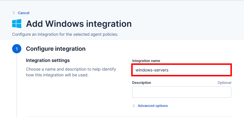 Page Add Windows integration de Kibana montrant le champ de nom de l’intégration configuré pour les serveurs Windows