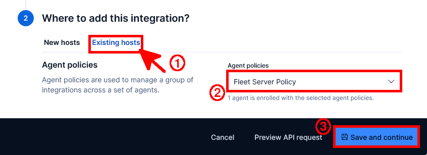Page Add Windows integration de Kibana montrant l’onglet Existing hosts, la sélection de la Fleet Server Policy et le bouton Save and continue