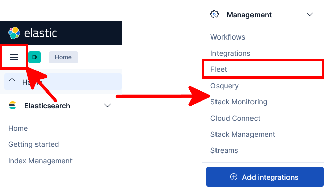 Interface Kibana montrant comment ouvrir le menu principal et accéder à Management Fleet
