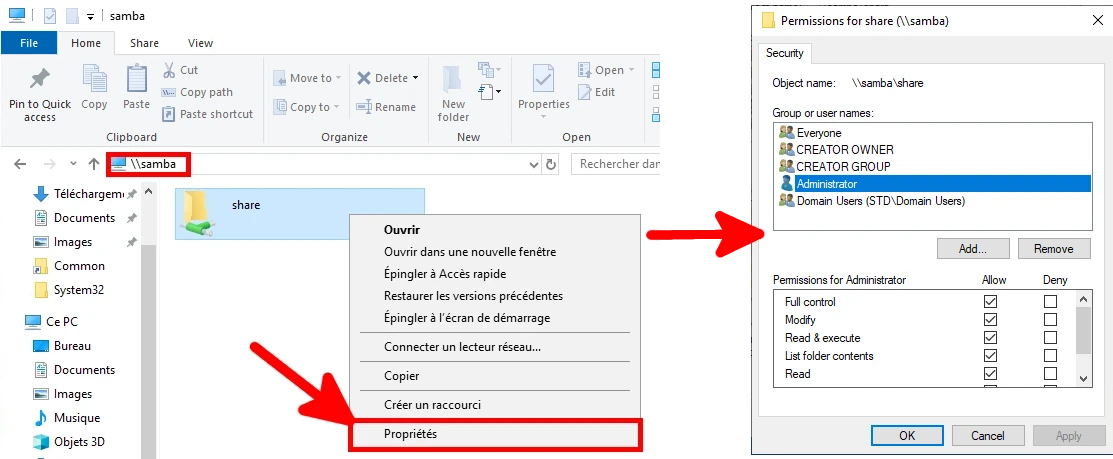 Capture d'écran montrant les propriétés et les autorisations d'un partage Samba sous Windows, mettant en évidence les paramètres de sécurité pour les groupes d'utilisateurs et les administrateurs.