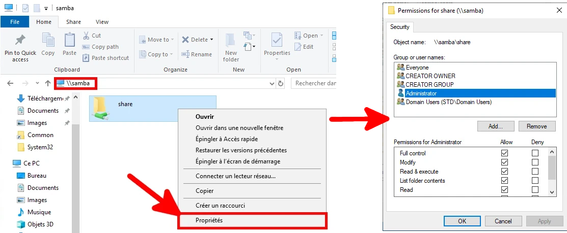 Autorisations Windows sur un serveur Microsoft Windows