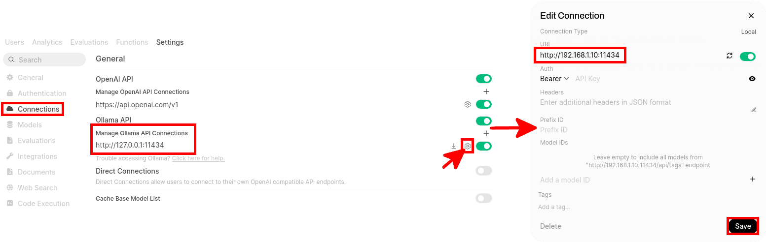 Modification de la connexion à l’API Ollama dans Open WebUI pour utiliser un serveur Ollama distant
