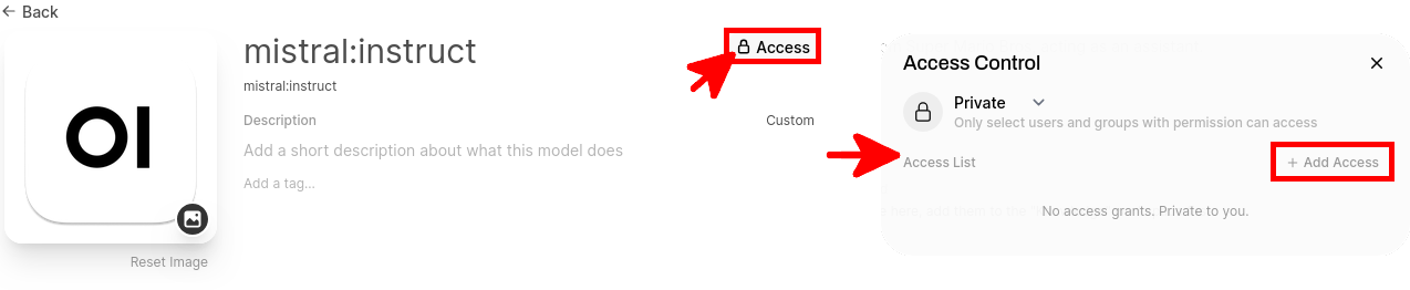Ouverture du panneau de contrôle d’accès d’un modèle dans Open WebUI