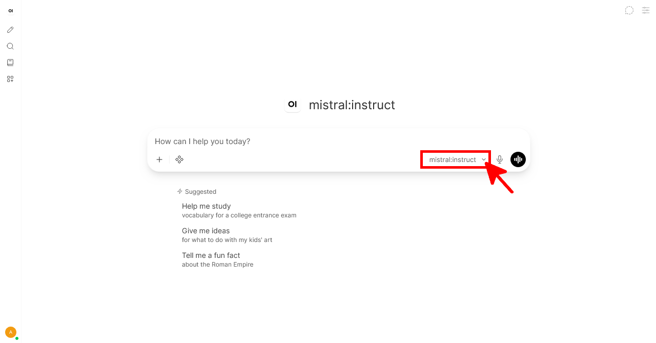 Sélection du modèle Ollama mistral:instruct dans l’interface Open WebUI
