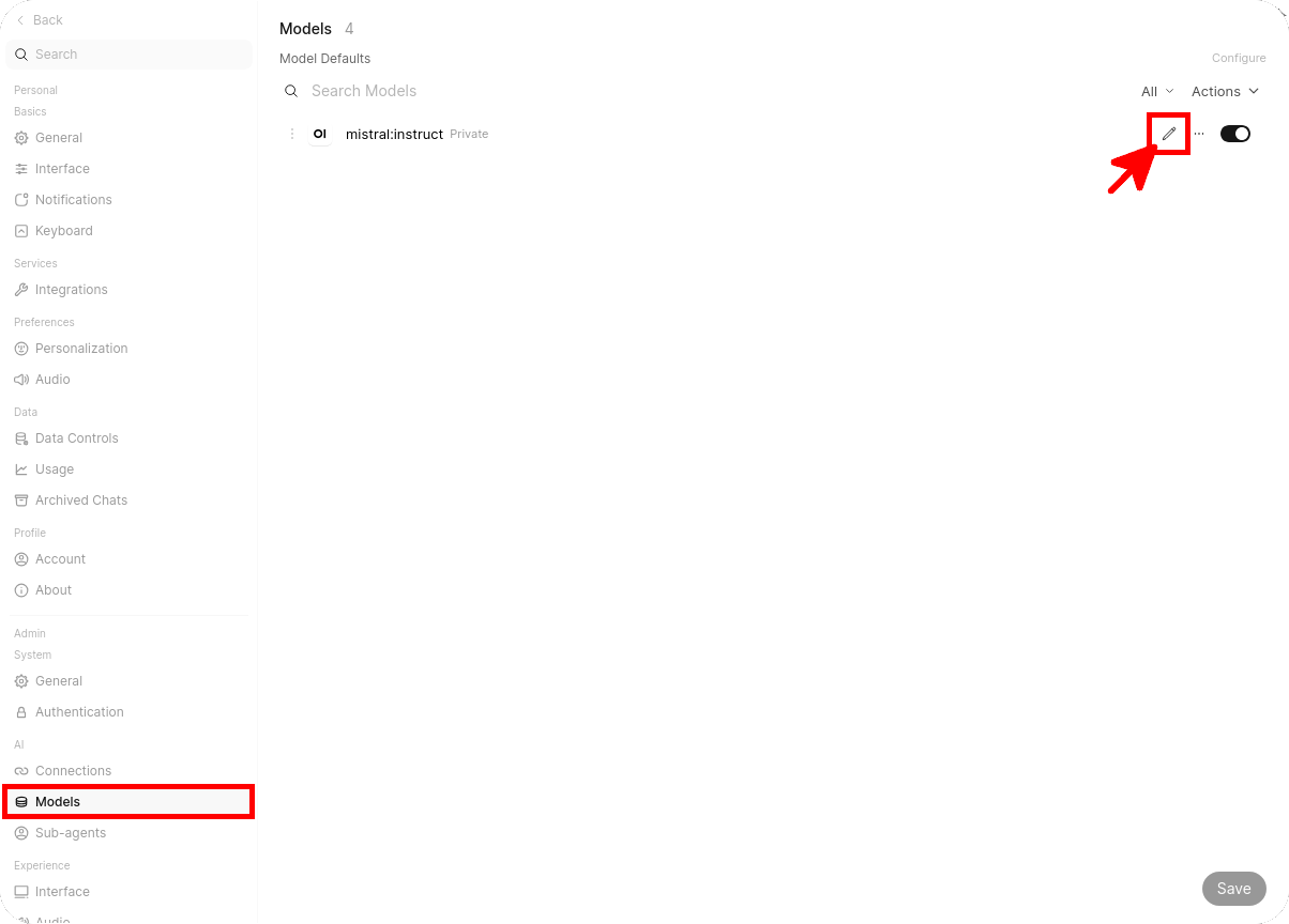Modification des permissions d’accès aux modèles depuis la section Models dans Open WebUI