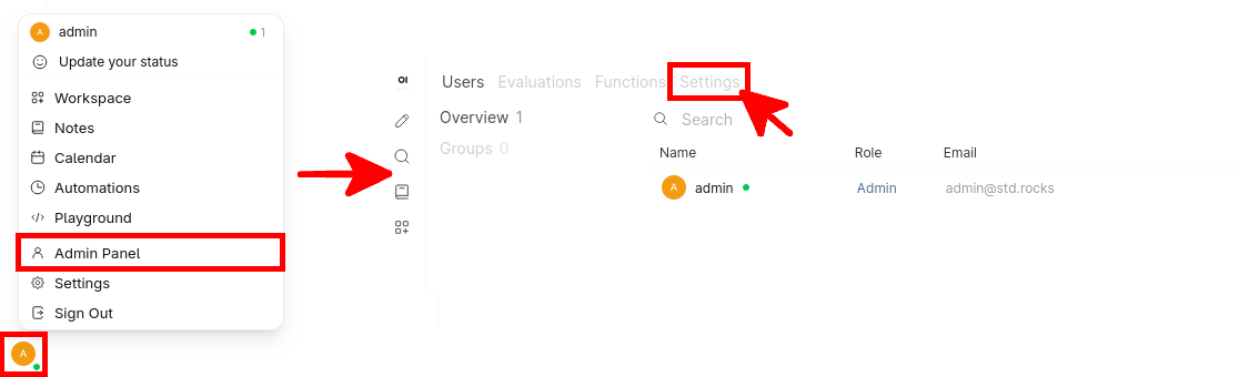 Interface d’Open WebUI affichant l’option Admin Panel dans le menu utilisateur et l’onglet Settings dans le panneau d’administration