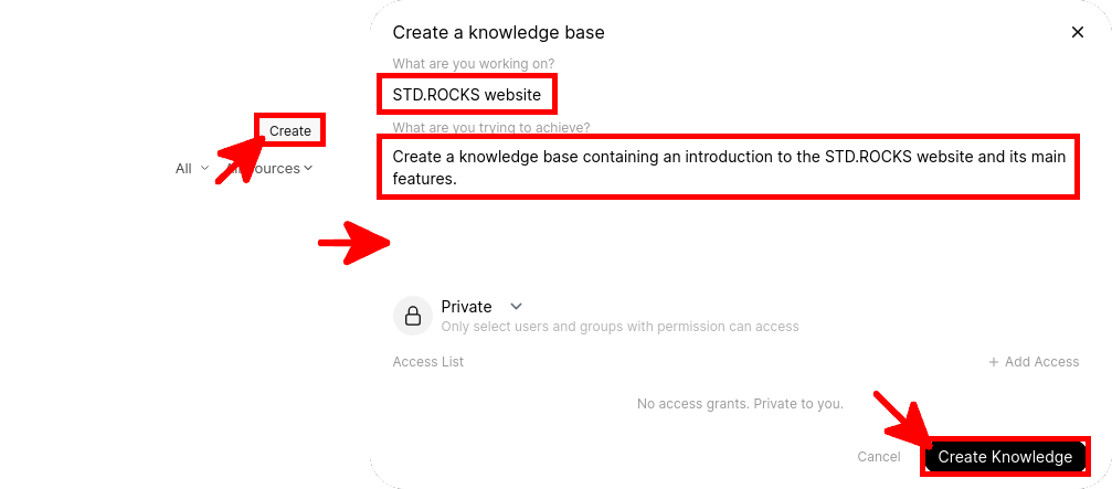 Fenêtre d’Open WebUI permettant de créer une base de connaissances nommée STD.ROCKS website, avec une description de son objectif, des autorisations d’accès privées et le bouton Create Knowledge