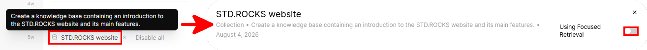 Paramètres d’une base de connaissances dans Open WebUI montrant la collection STD.ROCKS website et l’option Using Focused Retrieval