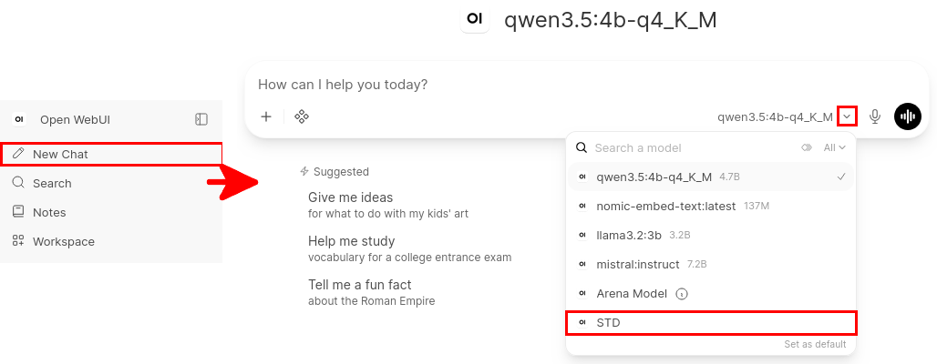 Interface New Chat d’Open WebUI montrant le sélecteur de modèles avec le modèle STD préconfiguré et compatible RAG disponible à la sélection