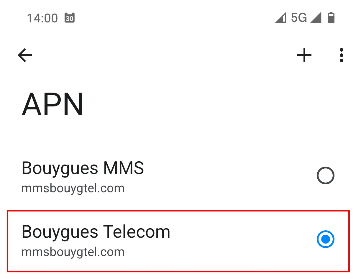 menu APN d'un téléphone android