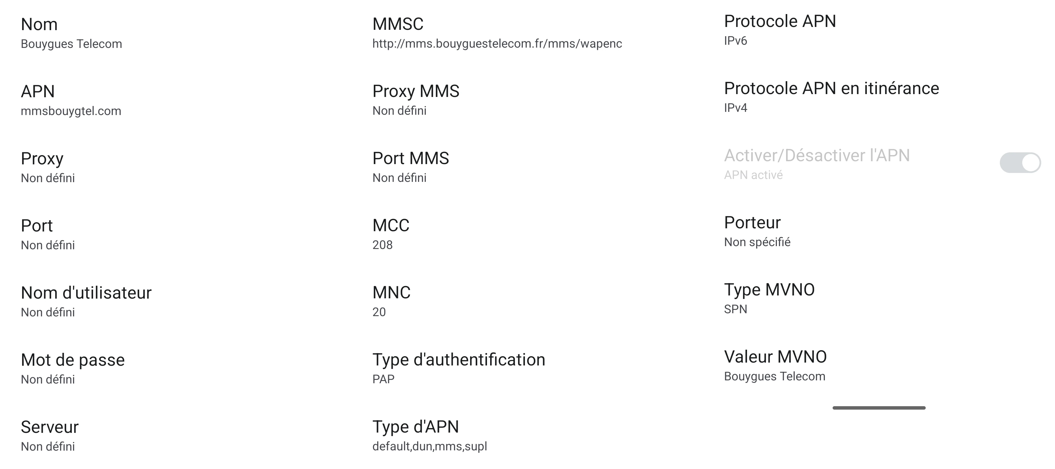 les paramétrages APN bouygues sur un téléphone android