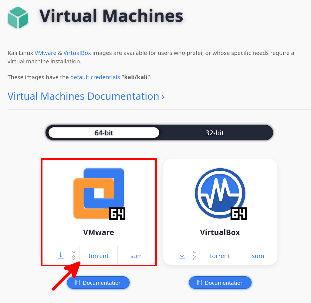 Page de téléchargement des machines virtuelles Kali Linux mettant en avant l'option VMware 64-bit avec la taille des fichiers et les méthodes de téléchargement.