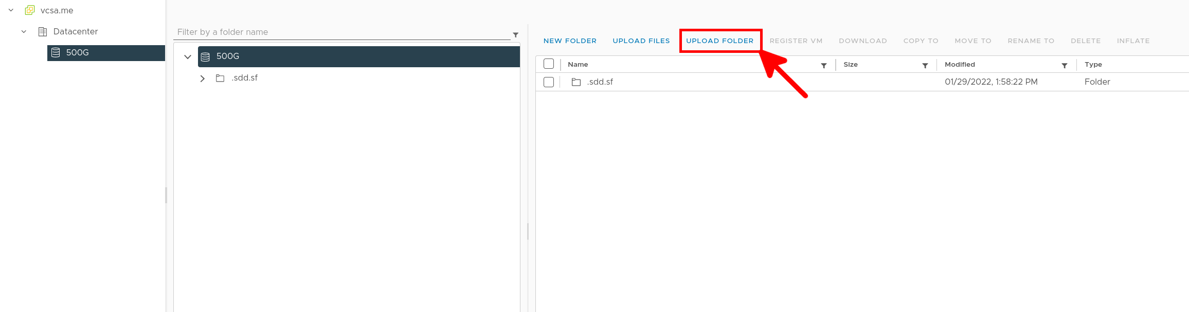 VMware ESXi interface highlighting the Upload Folder option in the datastore view