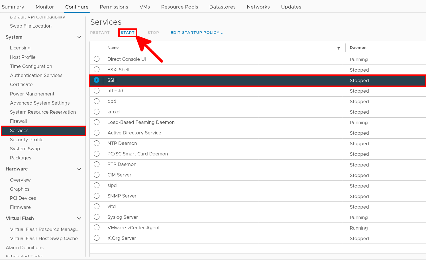 Interface VMware ESXi mettant en évidence le service SSH avec le bouton Start dans la section Services