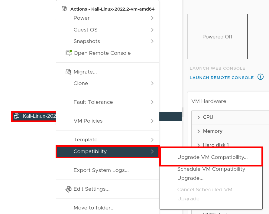 Menu VMware ESXi affichant l'option Upgrade VM Compatibility pour la machine virtuelle Kali Linux