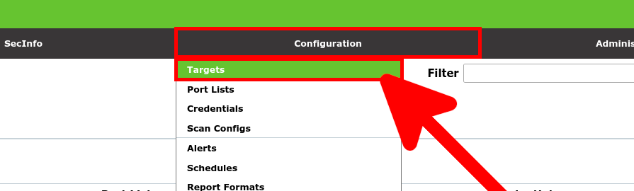 Interface de l'assistant de sécurité Greenbone mettant en évidence le menu Configuration et l'option Cibles