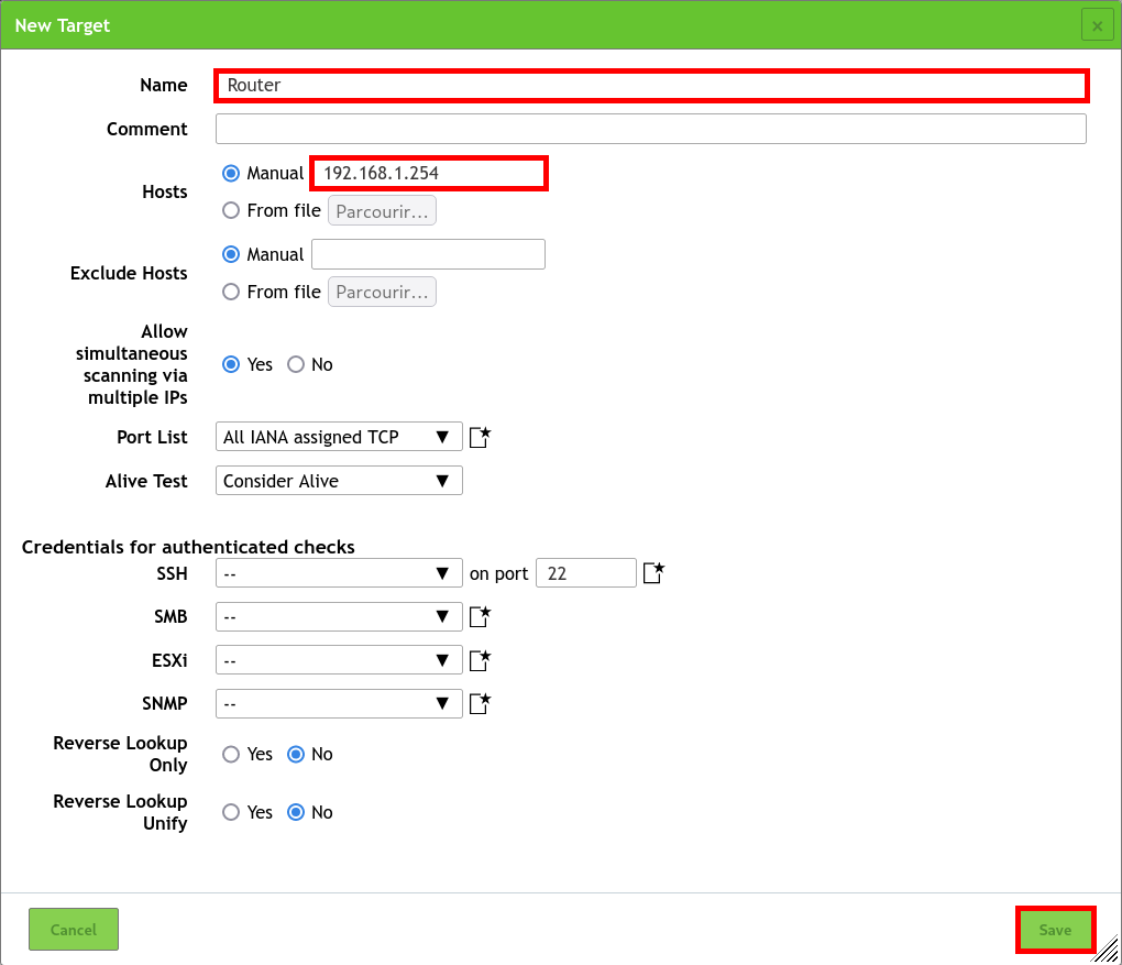 Nouvelle fenêtre de configuration de la cible dans l'assistant de sécurité Greenbone, permettant de définir une cible avec une adresse IP manuelle et de sauvegarder les paramètres.