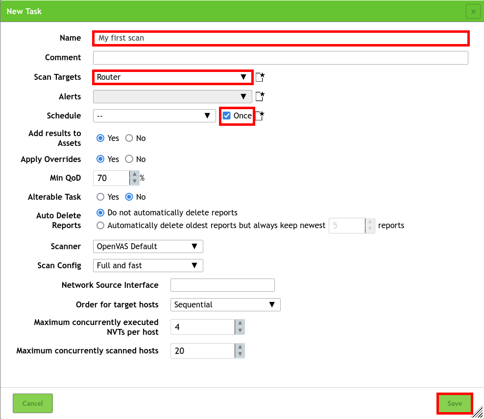 Nouvelle fenêtre de configuration des tâches dans l'assistant de sécurité Greenbone, permettant de définir une tâche d'analyse avec la cible et le calendrier sélectionnés.