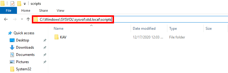 Capture d'écran du chemin d'accès au dossier SYSVOL de Windows contenant les scripts de déploiement de Kaspersky via PowerShell.