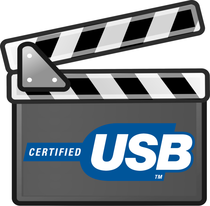 Logo USB Certified en forme de clapet de cinéma, représentant la certification USB, avec un design moderne combinant l'icône d'un clapet et le texte USB.