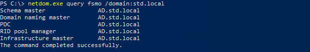 Sortie PowerShell montrant les résultats de la requête sur les rôles FSMO pour le domaine std.local, listant Schema Master, Domain Naming Master, PDC, RID Pool Manager, et Infrastructure Master.