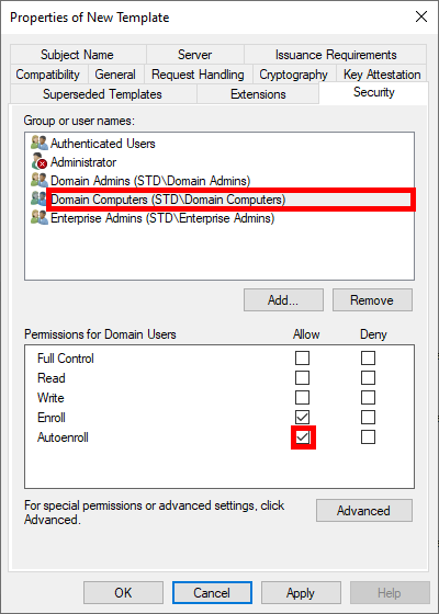 Capture d'écran de la fenêtre Propriétés du Nouveau Modèle dans AD CS, montrant les paramètres de sécurité où les Ordinateurs du Domaine disposent des autorisations Inscrire et Autoenroll.