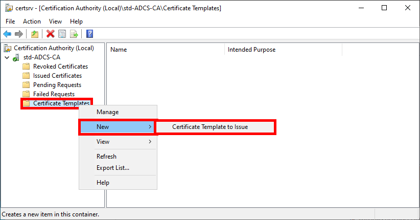 Capture d'écran de la console de l'Autorité de Certification dans AD CS, montrant l'option pour émettre un nouveau modèle de certificat dans 'Modèles de Certificat'.