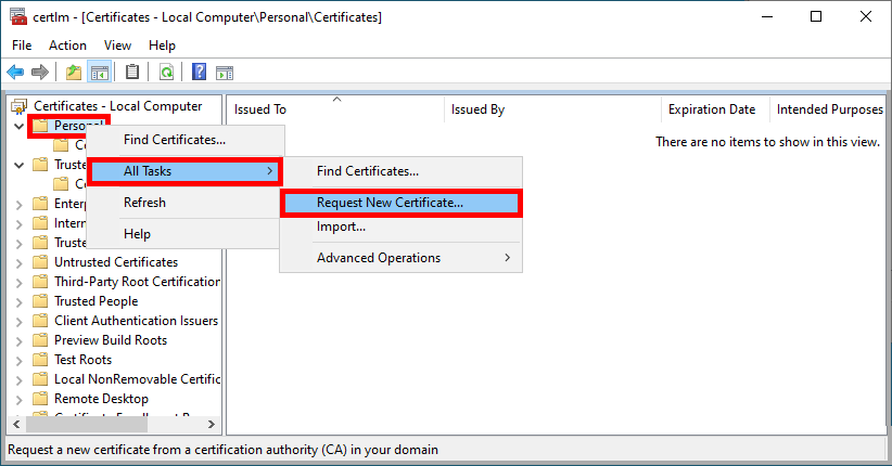 Capture d'écran du composant logiciel enfichable Certificats dans le magasin Personnel de l'ordinateur local, mettant en évidence l'option pour demander un nouveau certificat.