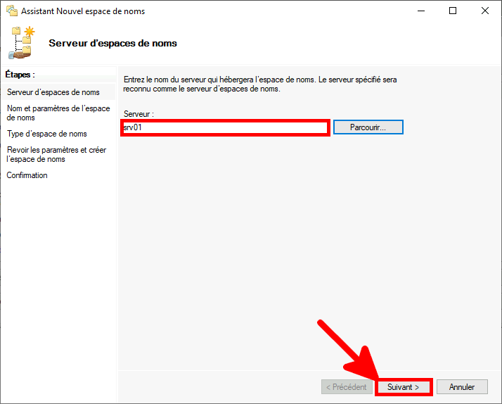 Capture d'écran de l'assistant « Nouvel espace de nommage » avec « srv01 » saisi comme serveur et le bouton « Suivant » en surbrillance.