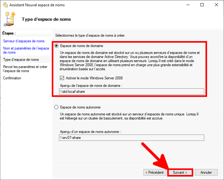 Capture d'écran de l'assistant « Nouvel espace de nommage » avec « Espace de nommage basé sur un domaine » sélectionné et le bouton « Suivant » en surbrillance.
