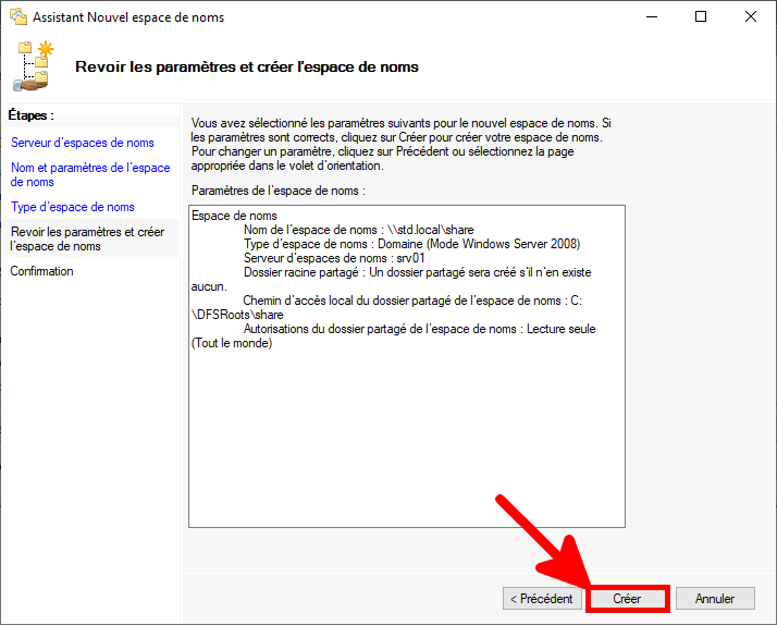 Capture d'écran de l'assistant « Nouvel espace de nommage » montrant les paramètres de révision et le bouton « Créer » mis en évidence pour finaliser la création de l'espace de nommage.