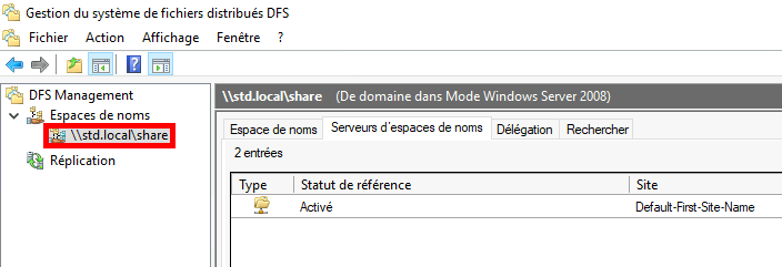 Capture d'écran de la gestion DFS montrant l'espace de noms configuré \std.local\share avec le statut de référence activé.