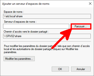 Capture d'écran de la boîte de dialogue Ajouter un serveur d'espace de noms avec une flèche pointant vers le bouton « Parcourir » pour sélectionner un serveur d'espace de noms.