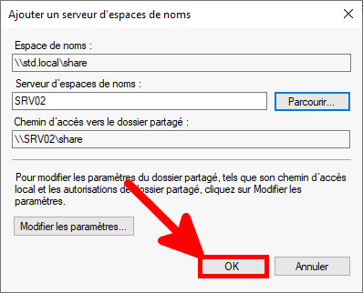 Capture d'écran de la boîte de dialogue Ajouter un serveur d'espace de noms avec 'SRV02' saisi comme serveur d'espace de noms et le bouton OK en surbrillance.