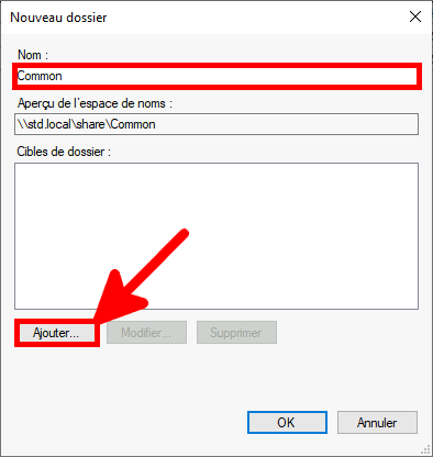 Capture d'écran de la boîte de dialogue Nouveau dossier dans DFS Management avec « Common » saisi comme nom de dossier et le bouton « Ajouter » en surbrillance.