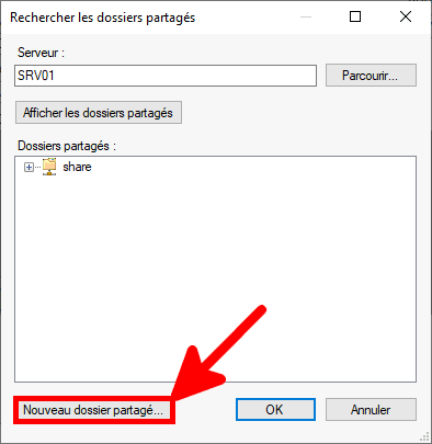 Capture d'écran de la boîte de dialogue Parcourir les dossiers partagés avec une flèche pointant vers le bouton « Nouveau dossier partagé ».