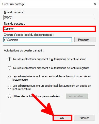 Capture d'écran de la boîte de dialogue Créer un partage avec « Commun » saisi comme nom de partage et le bouton OK en surbrillance.