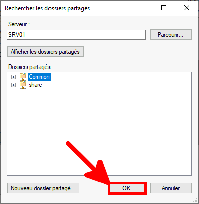 Capture d'écran de la boîte de dialogue Parcourir les dossiers partagés avec « Commun » sélectionné et le bouton OK en surbrillance.