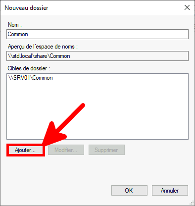 Capture d'écran de la boîte de dialogue Nouveau dossier dans DFS Management avec la cible de dossier « \\SRV01\Common » listée et le bouton Ajouter en surbrillance.