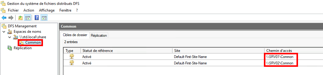 Capture d'écran de la gestion DFS montrant le dossier Common avec les cibles de dossier \\SRV01\Common et \\SRV02\Common, toutes deux avec le statut de référence activé.