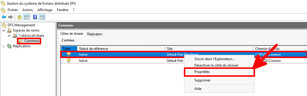 Capture d'écran de DFS Management montrant le menu contextuel de la cible de dossier \\SRV01\Common avec l'option Propriétés en surbrillance.