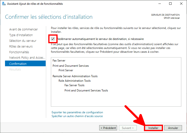 Capture d'écran de l'assistant d'ajout de rôles et de fonctionnalités avec la case « Redémarrer automatiquement le serveur de destination si nécessaire » cochée et le bouton « Installer » en surbrillance sur la page de confirmation.