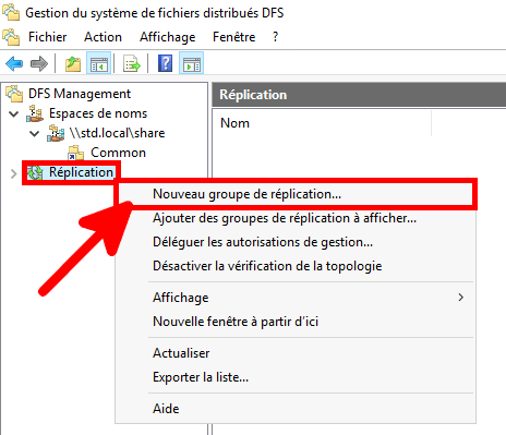 Capture d'écran de la gestion DFS avec une flèche mettant en évidence l'option de création d'un nouveau groupe de réplication.