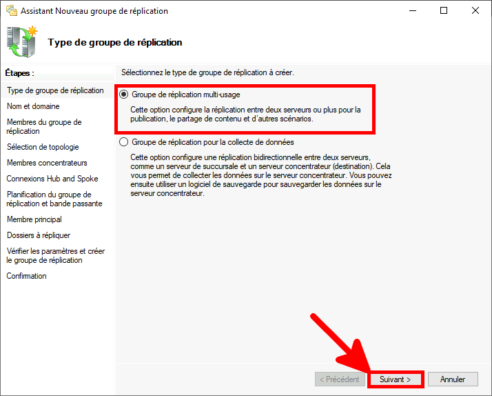 Capture d'écran de l'assistant Nouveau groupe de réplication montrant la sélection de l'option Groupe de réplication polyvalent.