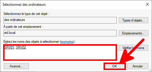 Capture d'écran de la fenêtre Select Computers où SRV01 et SRV02 sont choisis comme objets, avec un bouton OK en surbrillance pour confirmation.